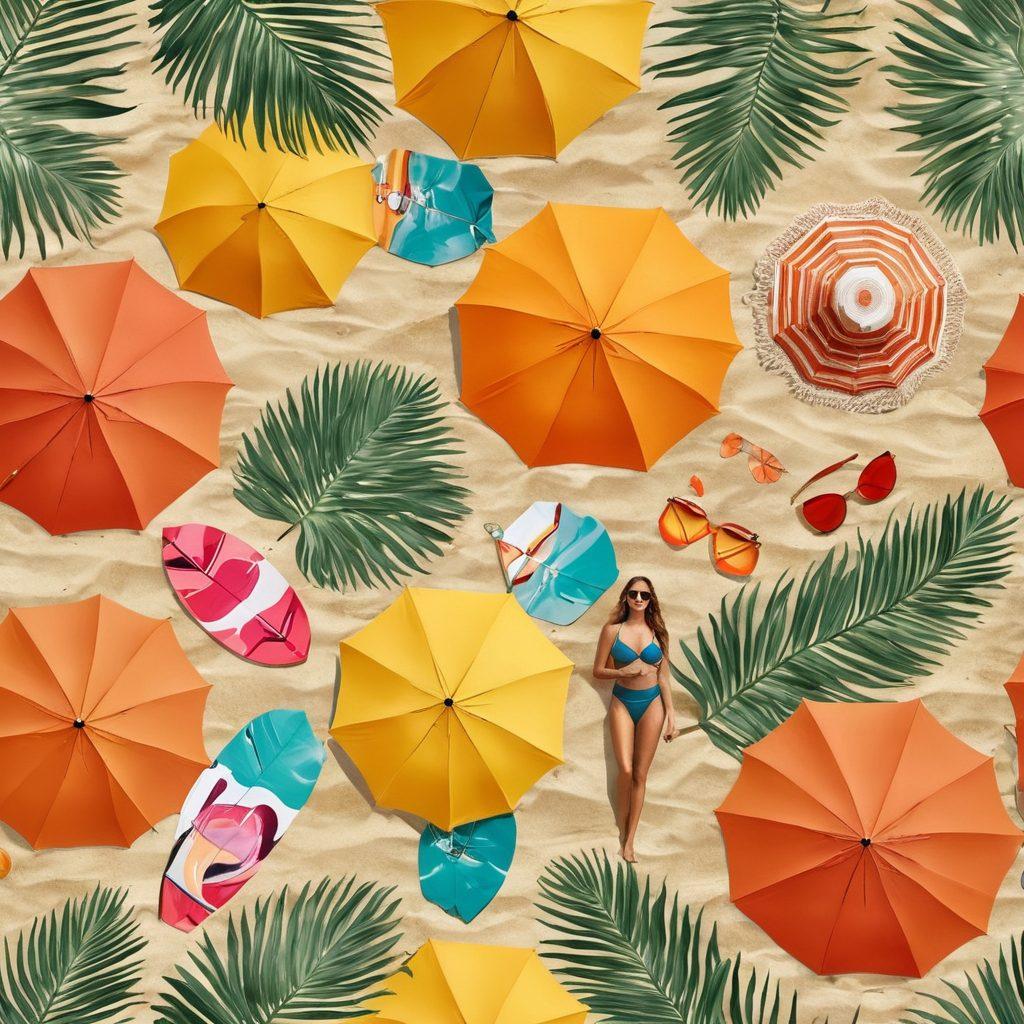 Create an eye-catching beach scene featuring a diverse group of fashionable individuals showcasing the latest swimwear trends. Incorporate vibrant beach umbrellas, surfboards, and palm trees in the background for a lively atmosphere. Highlight a variety of swimwear styles, including bikinis, one-pieces, and cover-ups in bold colors and patterns. Capture the sun-soaked vibe with sparkling ocean waves and golden sand. Consider using a bright and cheerful color palette to evoke summer vibes. super-realistic. vibrant colors. beach theme.