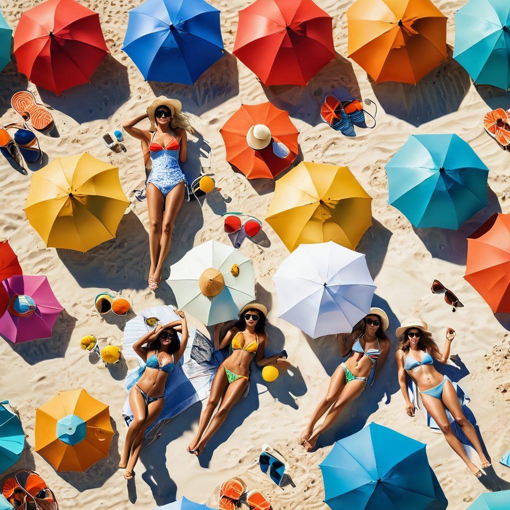 A vibrant beach scene showcasing a diverse group of stylish individuals in trendy bikinis and sundresses, lounging under colorful umbrellas. The background features a clear blue ocean and soft white sand, with beach accessories like sunglasses and straw hats scattered around. The sunlight casts playful shadows, emphasizing the carefree beach vibe. The overall atmosphere should be cheerful and dynamic, representing the joy of summer fashion. vibrant colors. 3D.